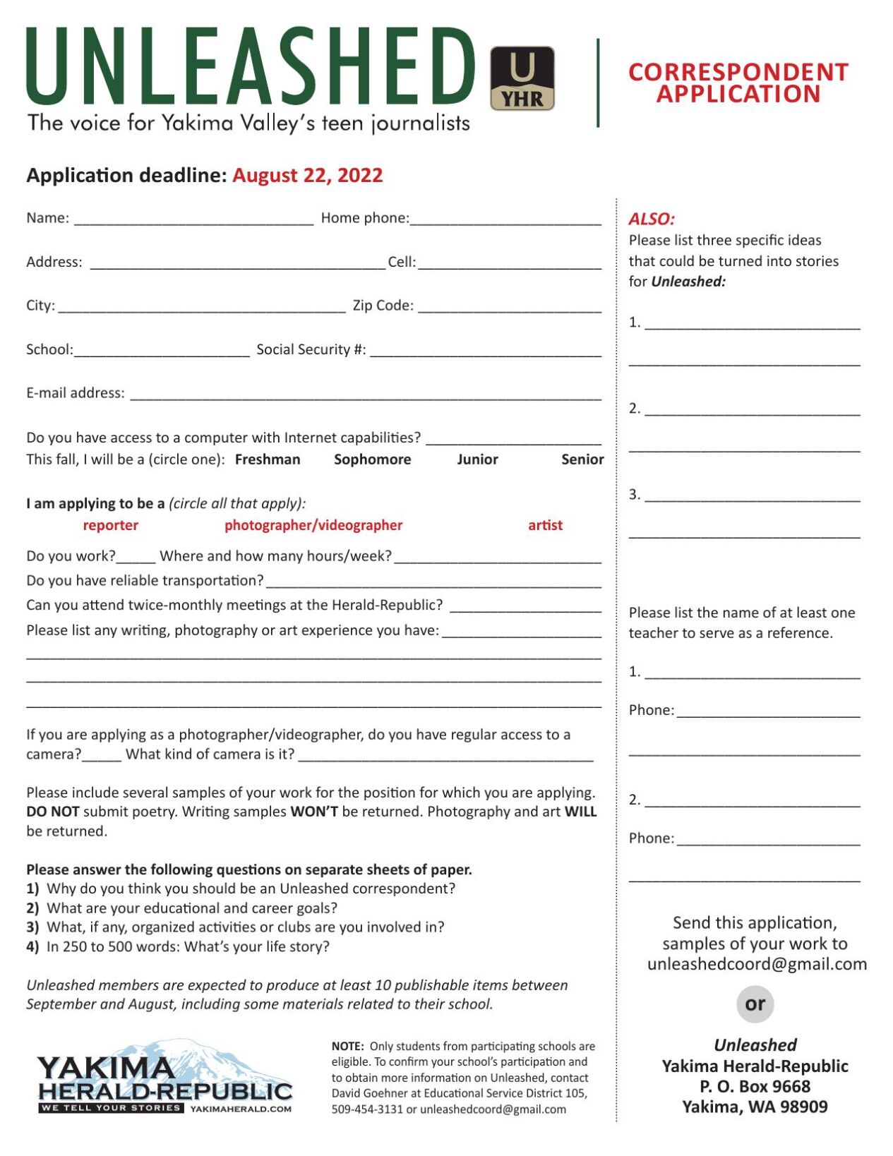 UNLEASHED CORRESPONDENT APPLICATION | | yakimaherald.com