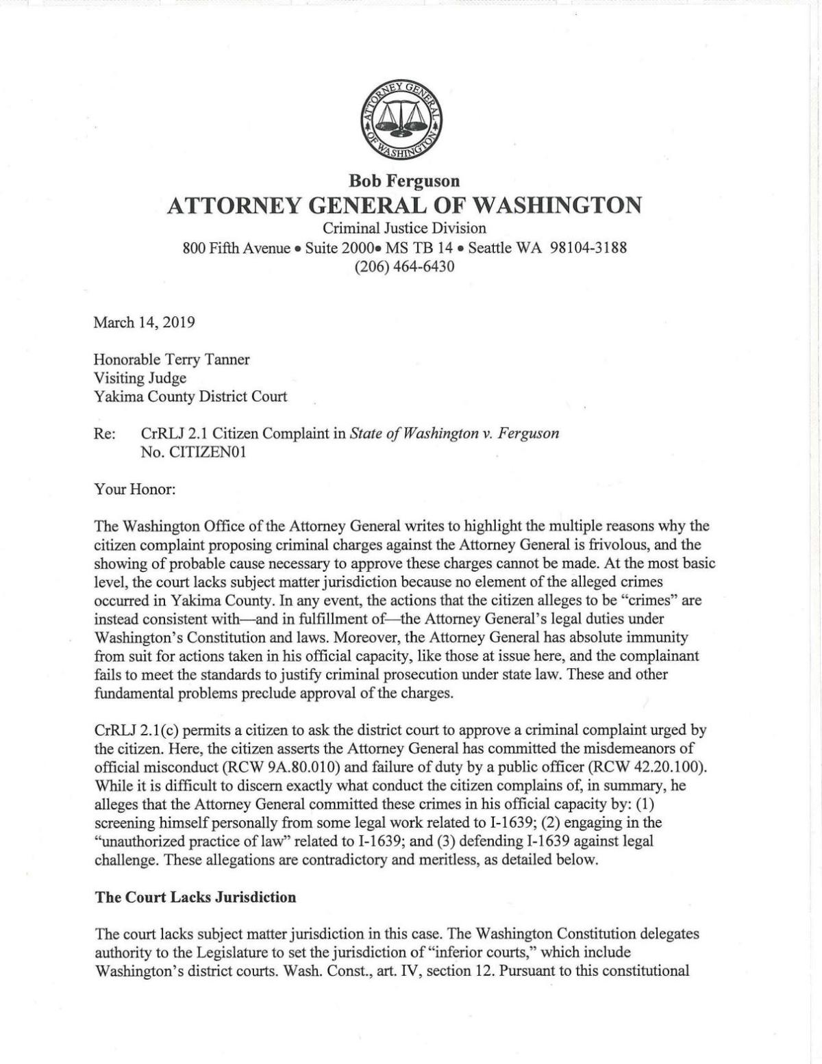 Letter from attorney general's office