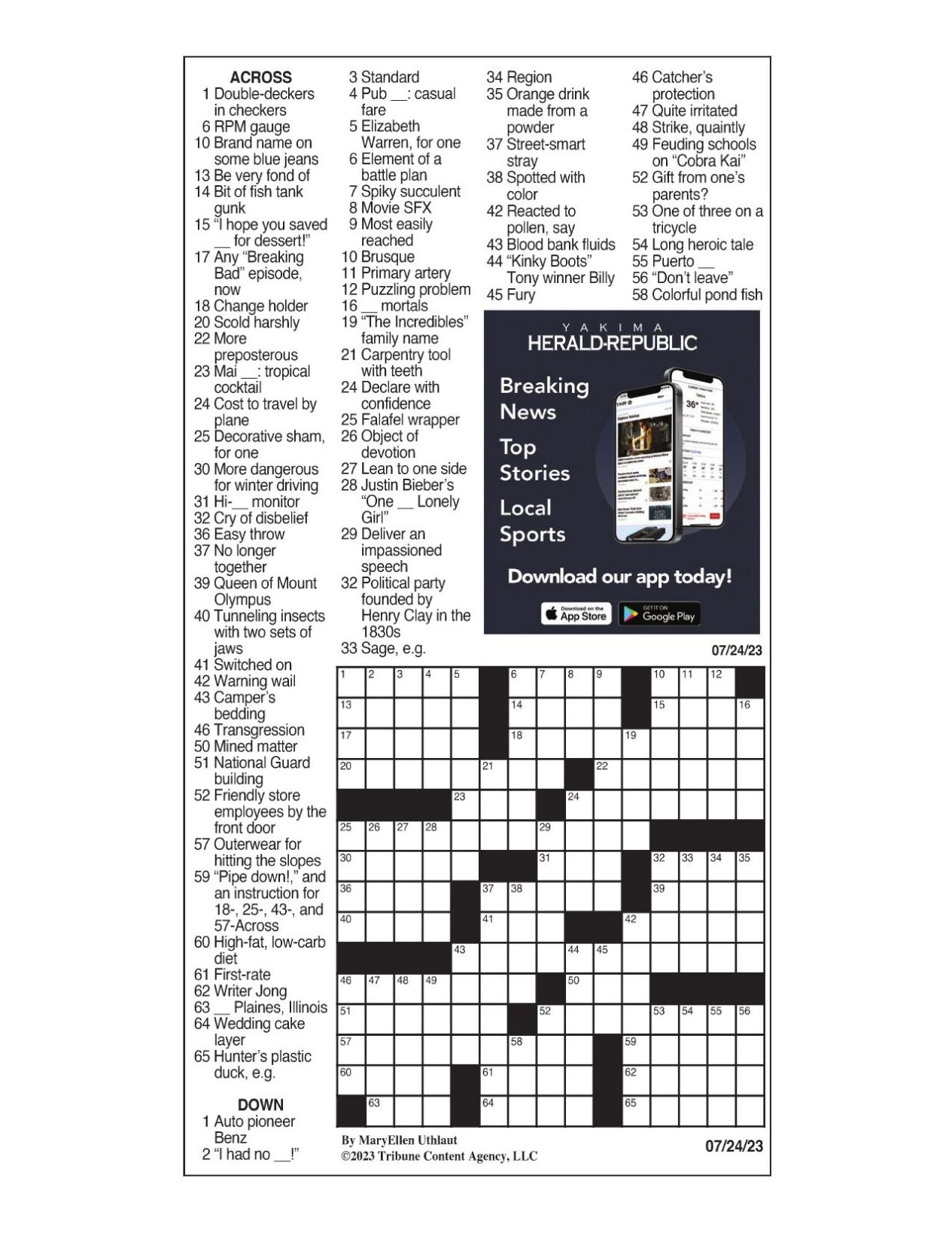 LA Times Crossword: July 24, 2023 | Crosswords | Yakimaherald.com