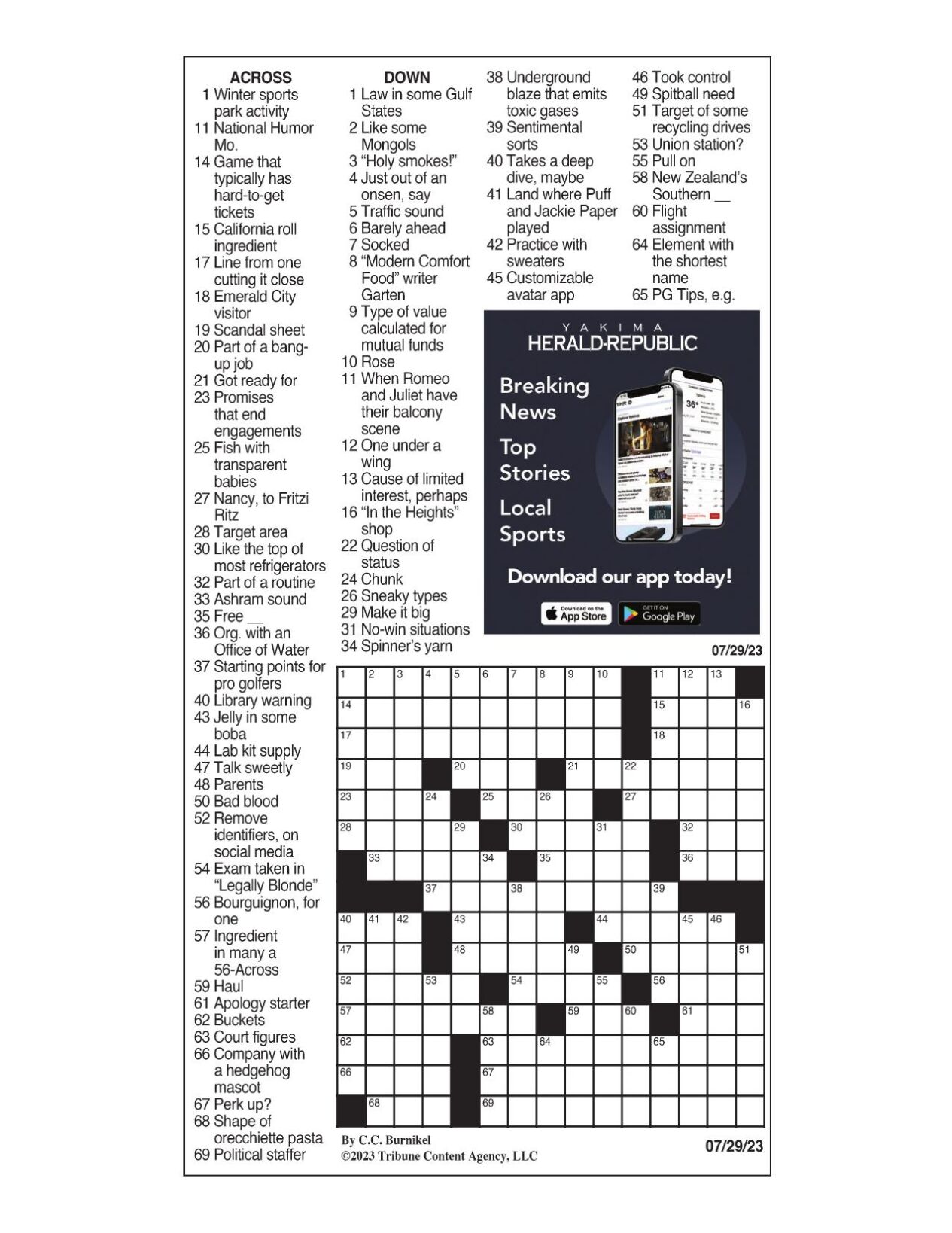 LA Times Crossword: July 29, 2023 | Crosswords | yakimaherald.com