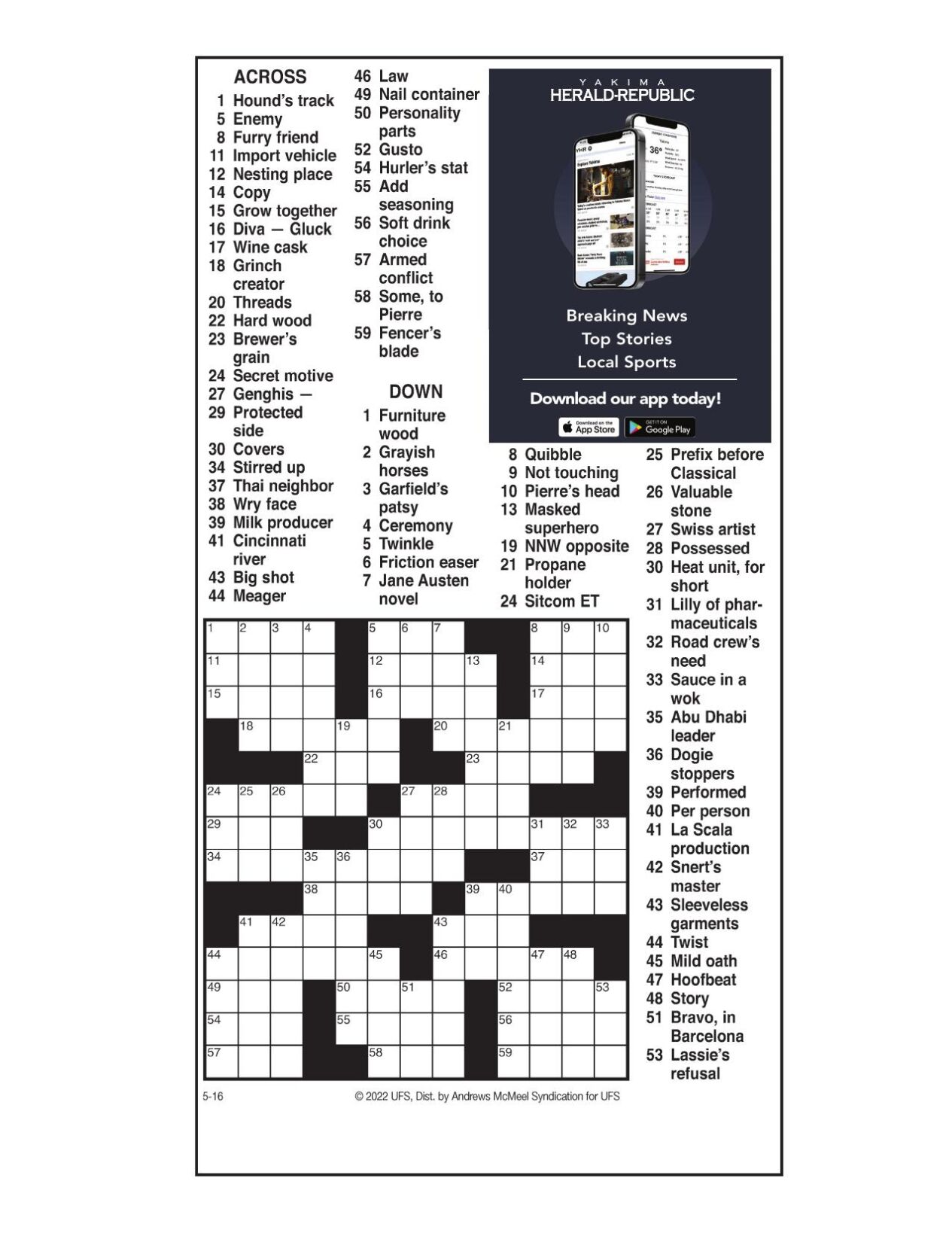 AM Crossword: May 16, 2022 | Crosswords | yakimaherald.com