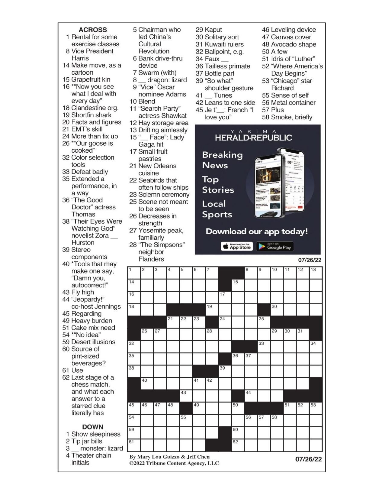 LA Times Crossword: July 26, 2022 | Crosswords | Yakimaherald.com