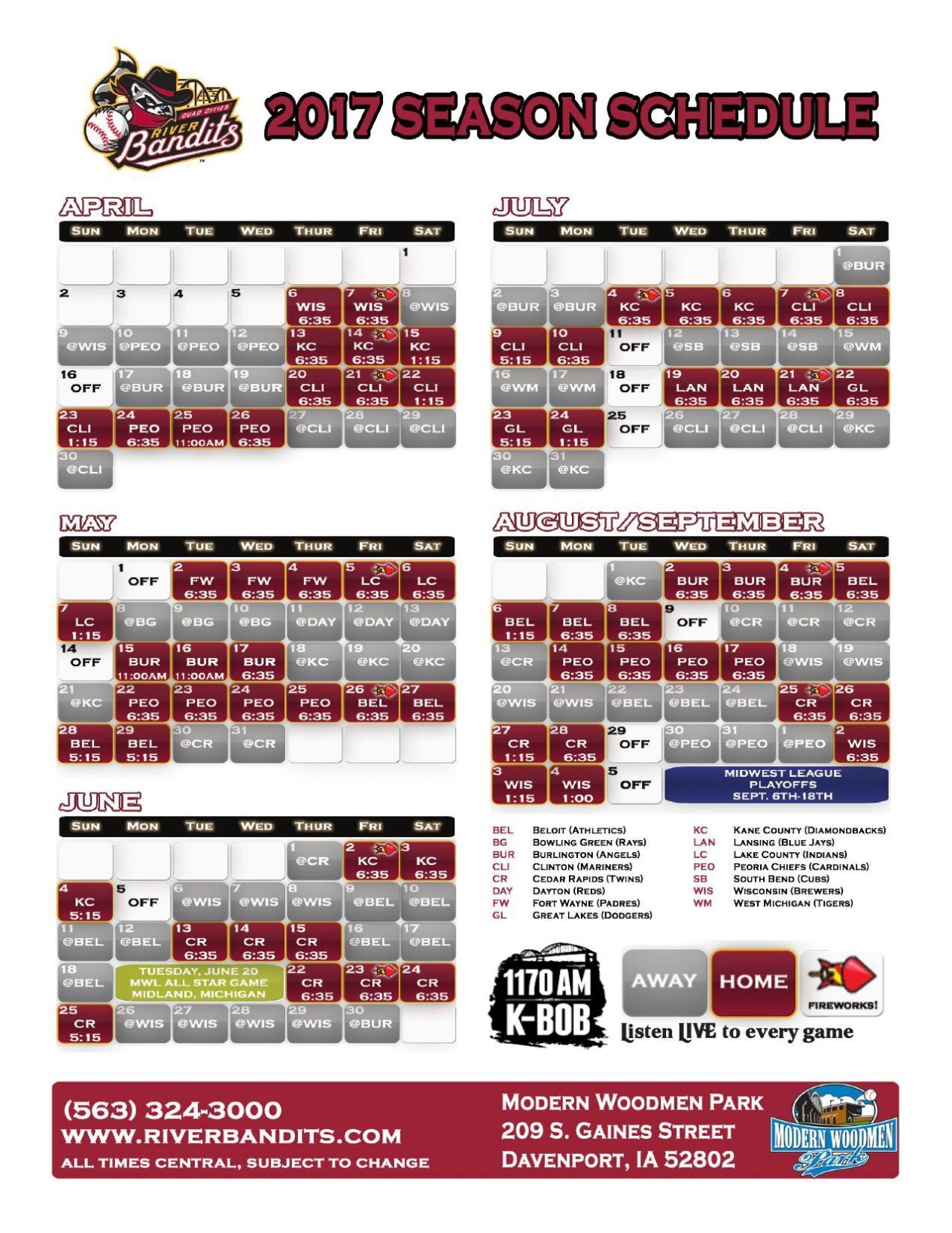 Quad Cities River Bandits Release Schedule With Game Times