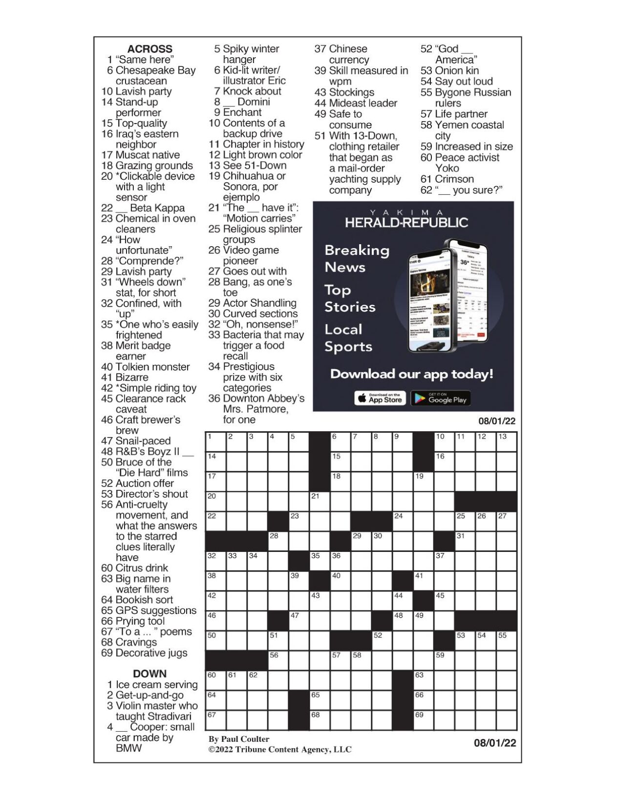 LA Times Crossword: Aug. 1, 2022 | Crosswords | yakimaherald.com