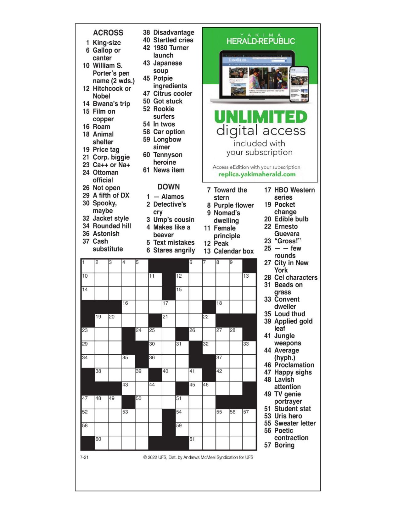 AM Crossword: July 21, 2022 | Crosswords | yakimaherald.com