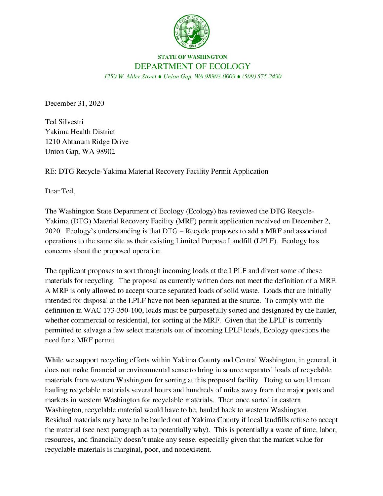 Ecology's letter on MRF | | yakimaherald.com