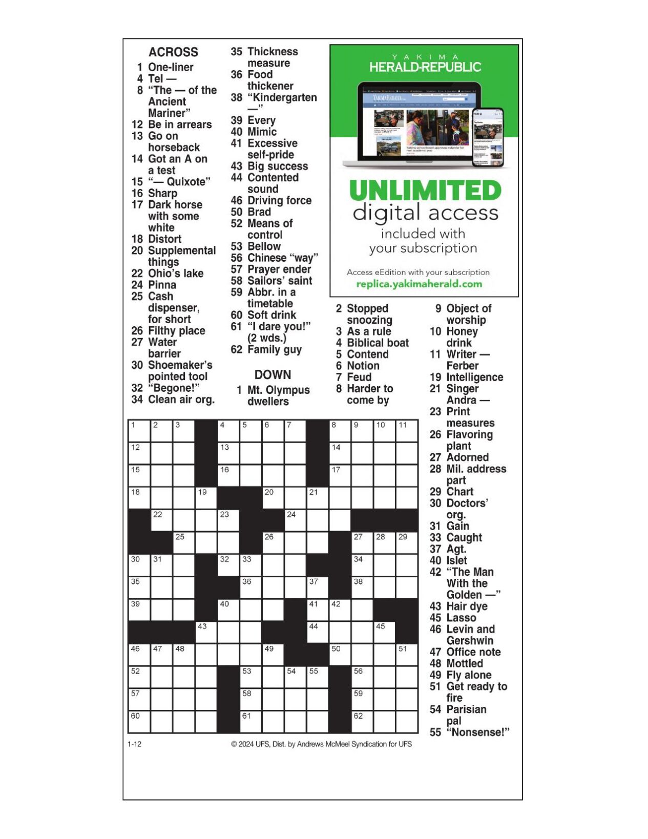 AM Crossword Jan 12 2024 Crosswords Yakimaherald Com   65a0b191e4fa6.preview 