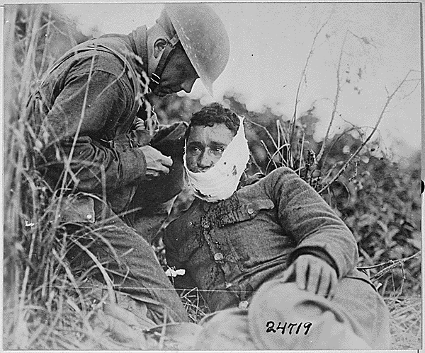 Shell-shocked soldier awaiting transportation away from the