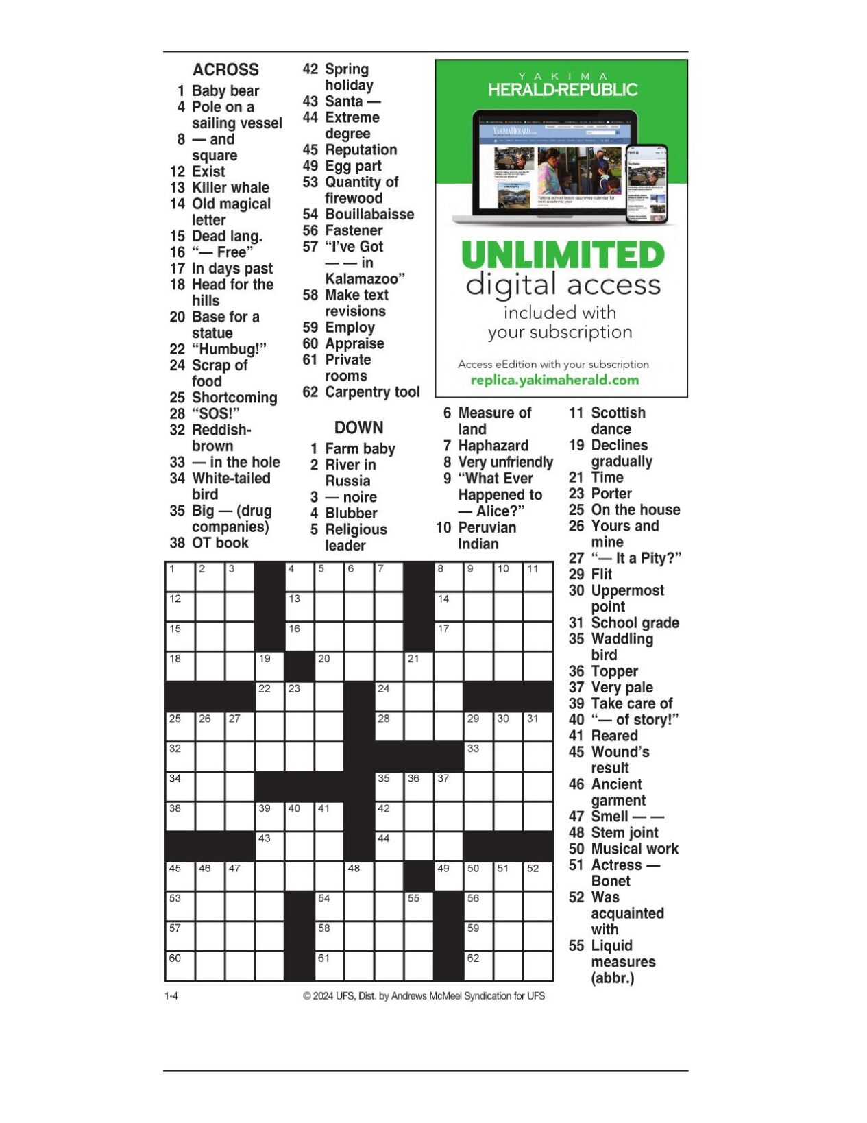 AM Crossword: Jan. 4, 2024 | Crosswords | Yakimaherald.com