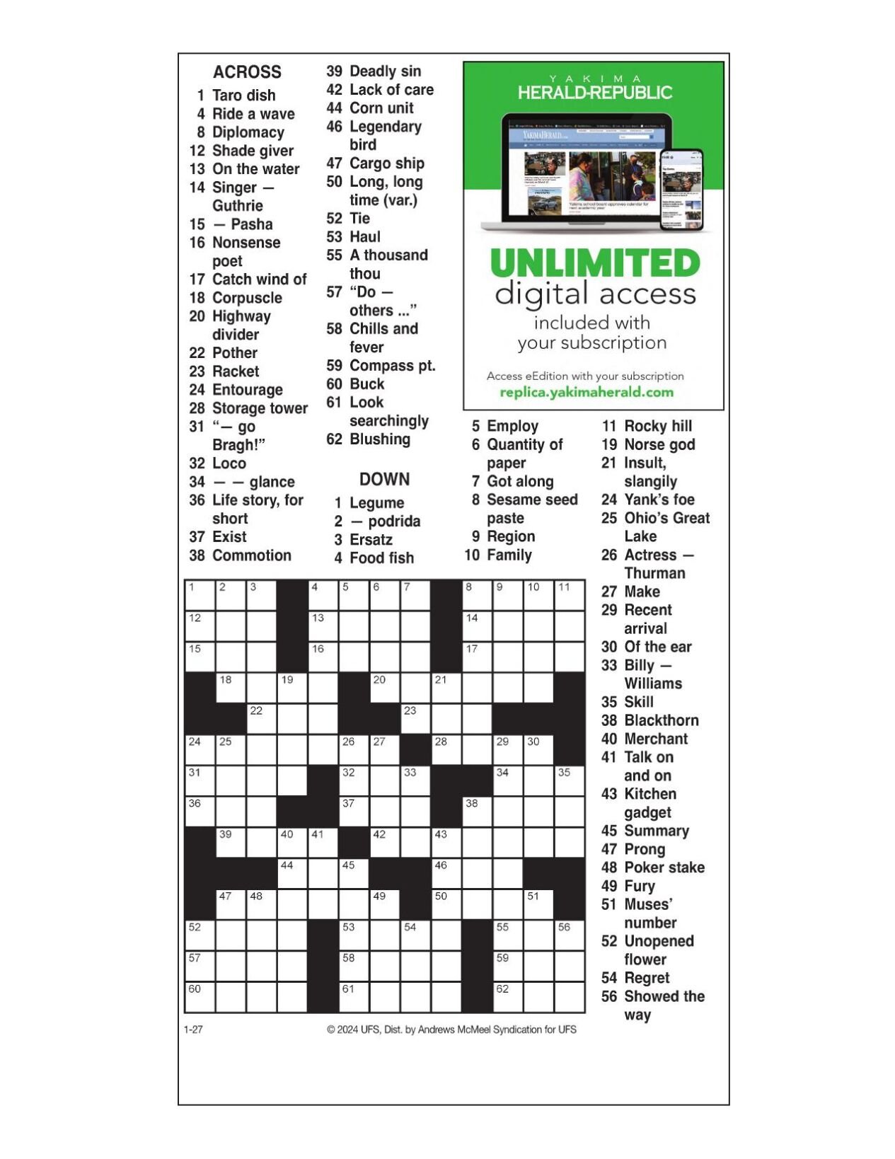 AM Crossword Jan 27 2024 Crosswords Yakimaherald Com   65b490775a8d7.preview 