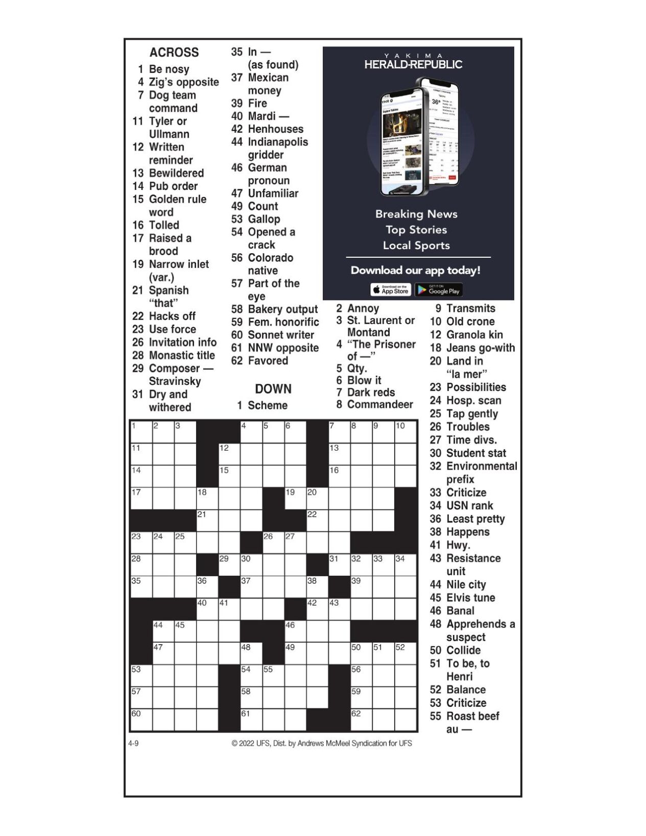 Andrews McMeel Crossword: April 9 2022 Crosswords yakimaherald com