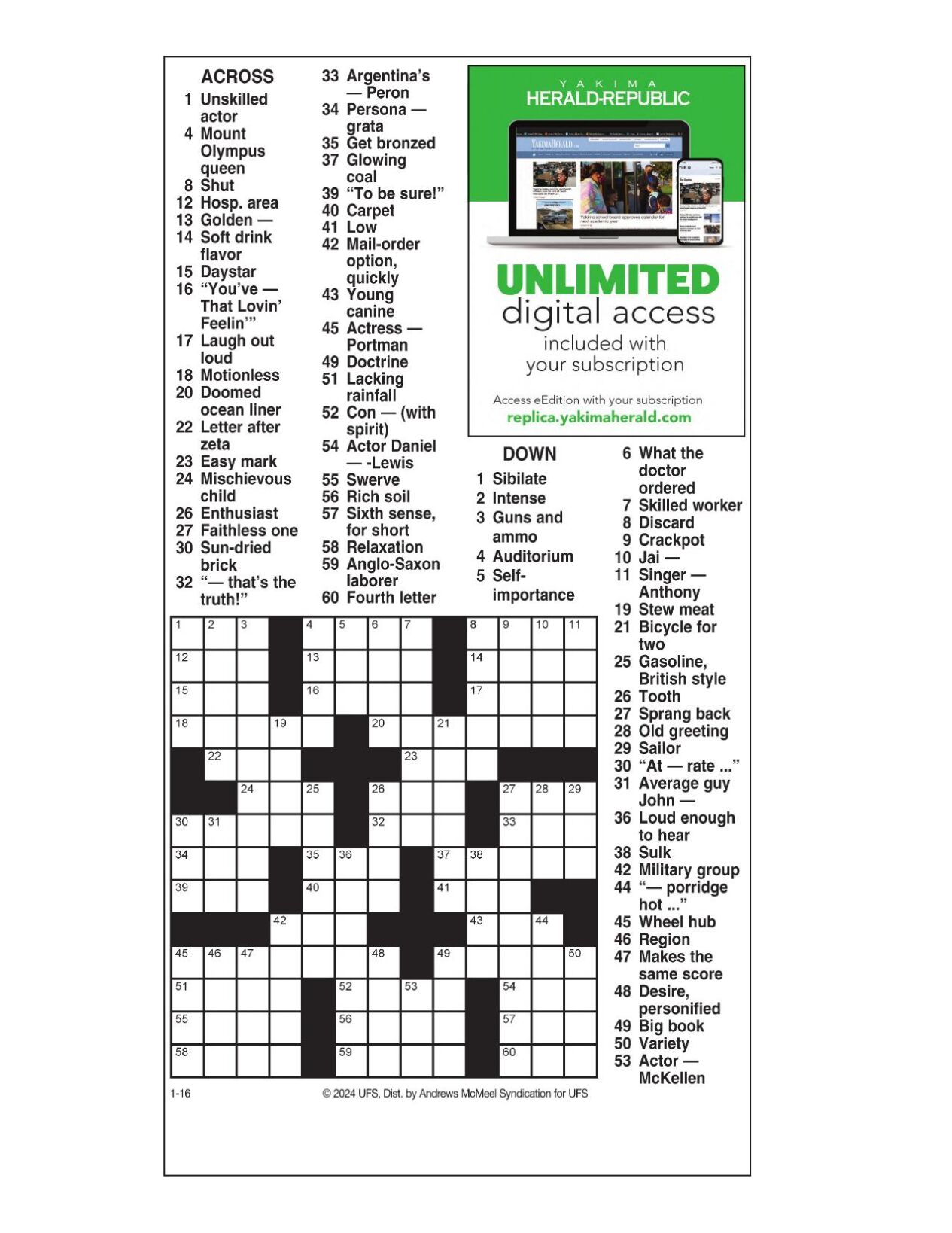 AM Crossword Jan 16 2024 Crosswords Yakimaherald Com   65a62a8c9037e.preview 