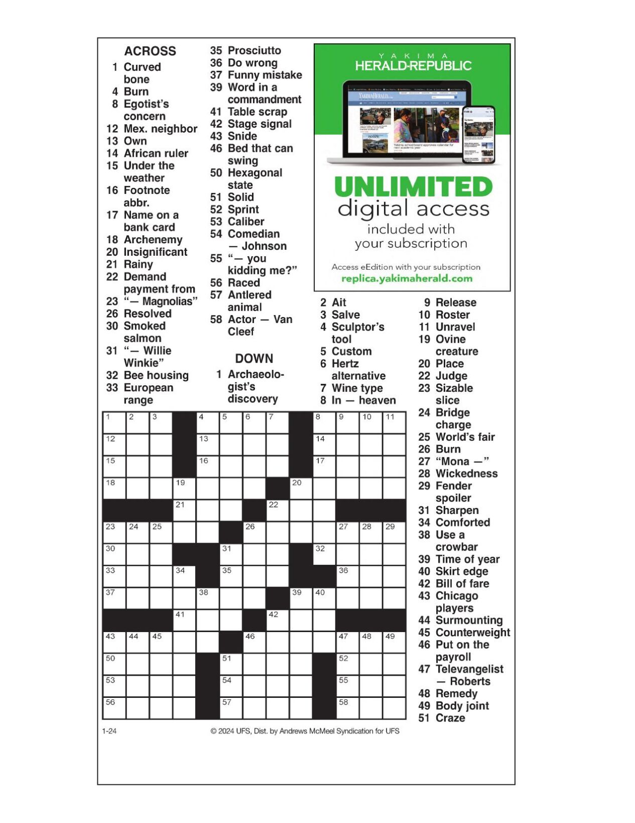 AM Crossword Jan 24 2024 Crosswords Yakimaherald Com   65b05b6456945.preview 