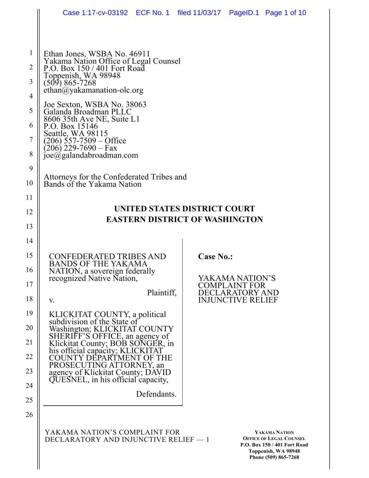 Yakama Nation sues Klickitat County in federal court over arrest of