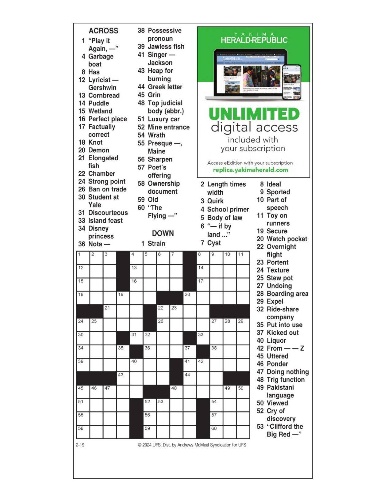 AM Crossword Feb 19 2024 Crosswords Yakimaherald Com   65d304f10ad10.preview 