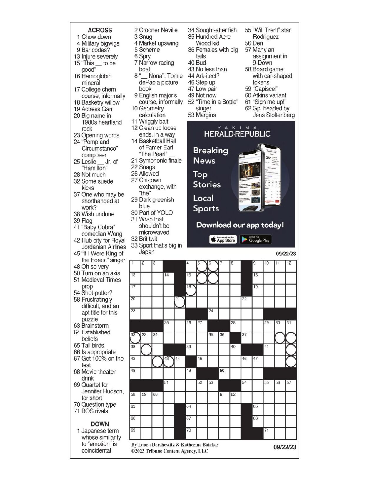 LA Times Crossword 15 Sep 22, Thursday 