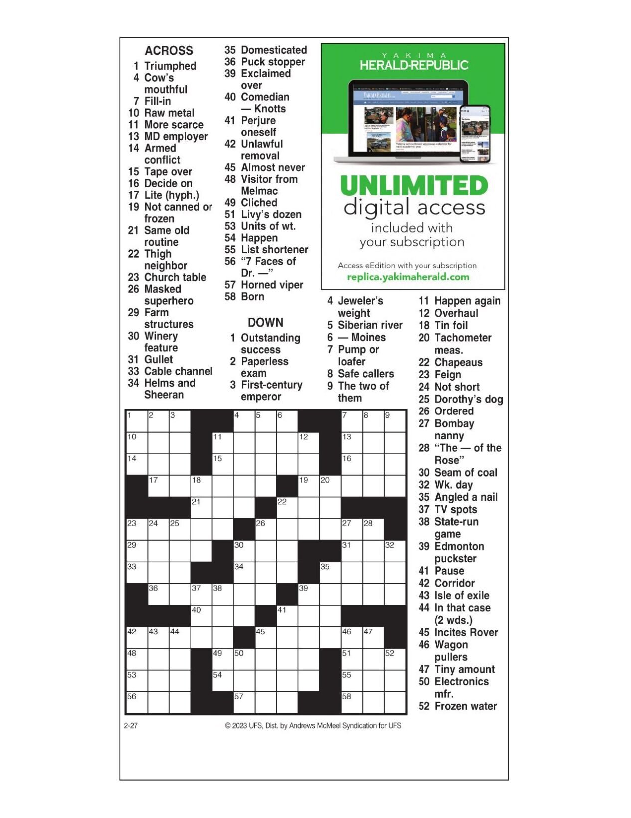 AM Crossword: Feb 27 2023 Crosswords yakimaherald com