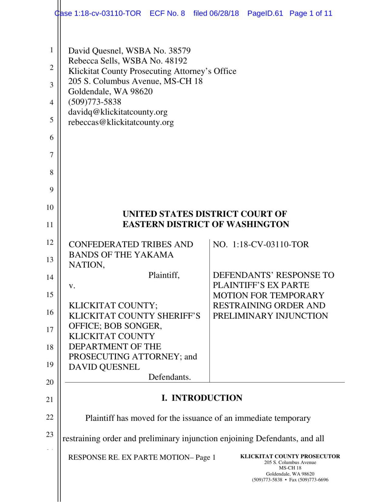 Klickitat County Response to request for restraining order