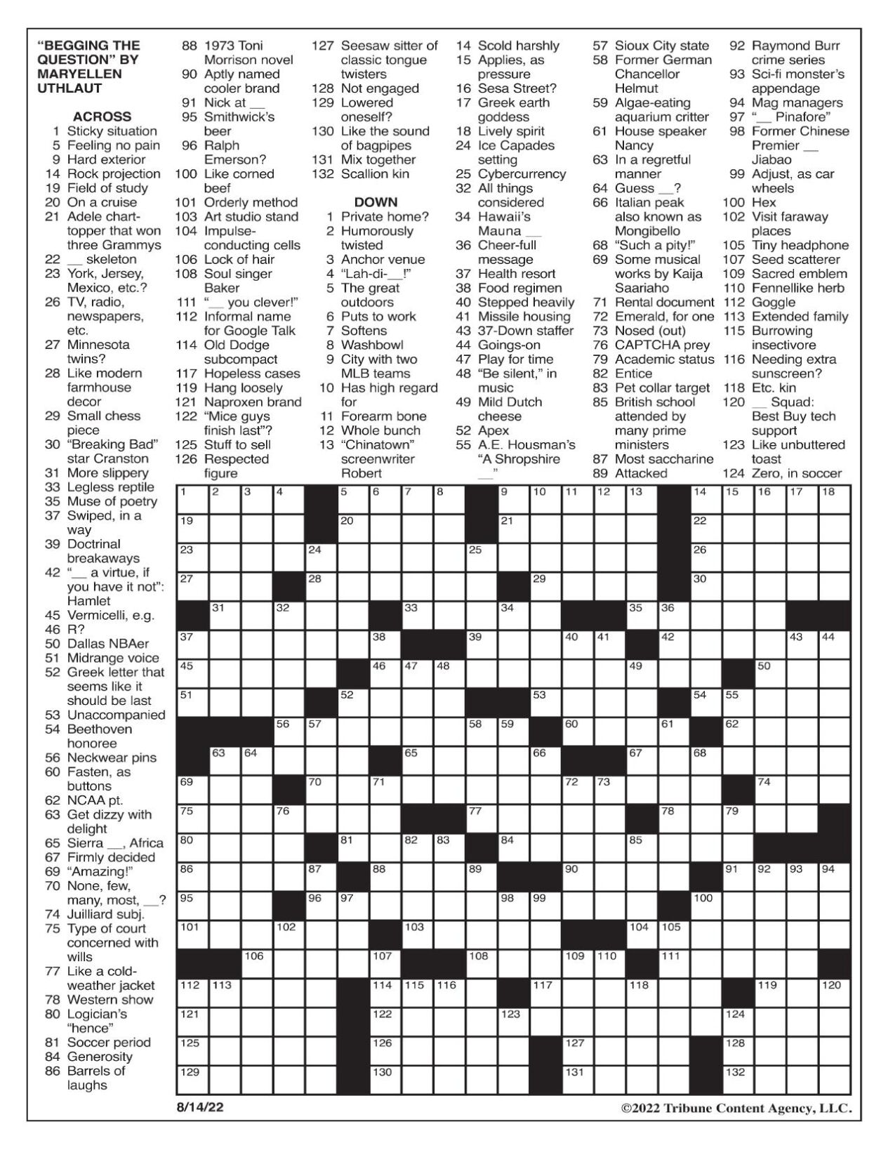 LA Times Crossword: Aug. 14, 2022 | Crosswords | yakimaherald.com