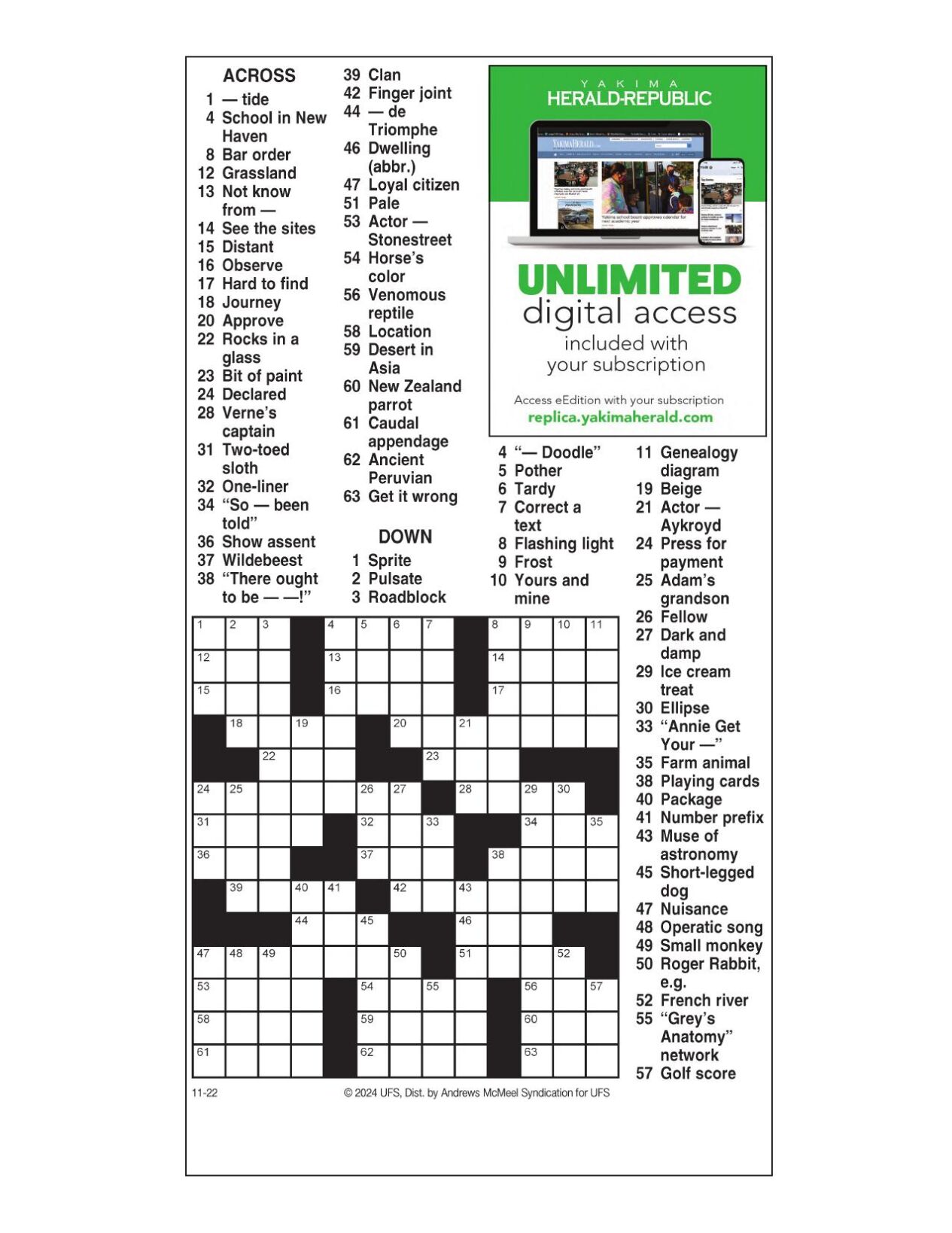 AM Crossword: Nov 22 2024 Crosswords yakimaherald com AM Crossword: Nov 22 2024 Crosswords yakimaherald com
