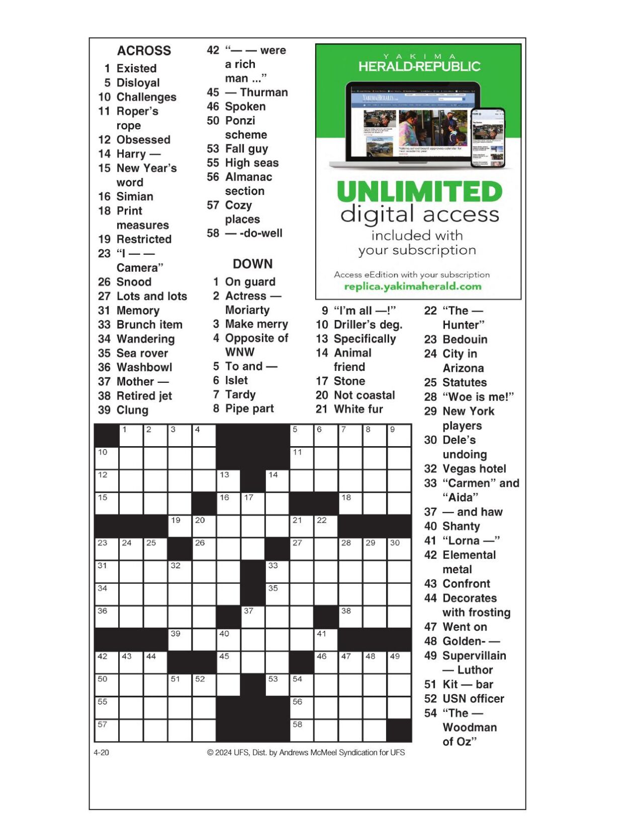 AM Crossword: April 20 2024 Crosswords yakimaherald com AM Crossword: April 20 2024 Crosswords yakimaherald com