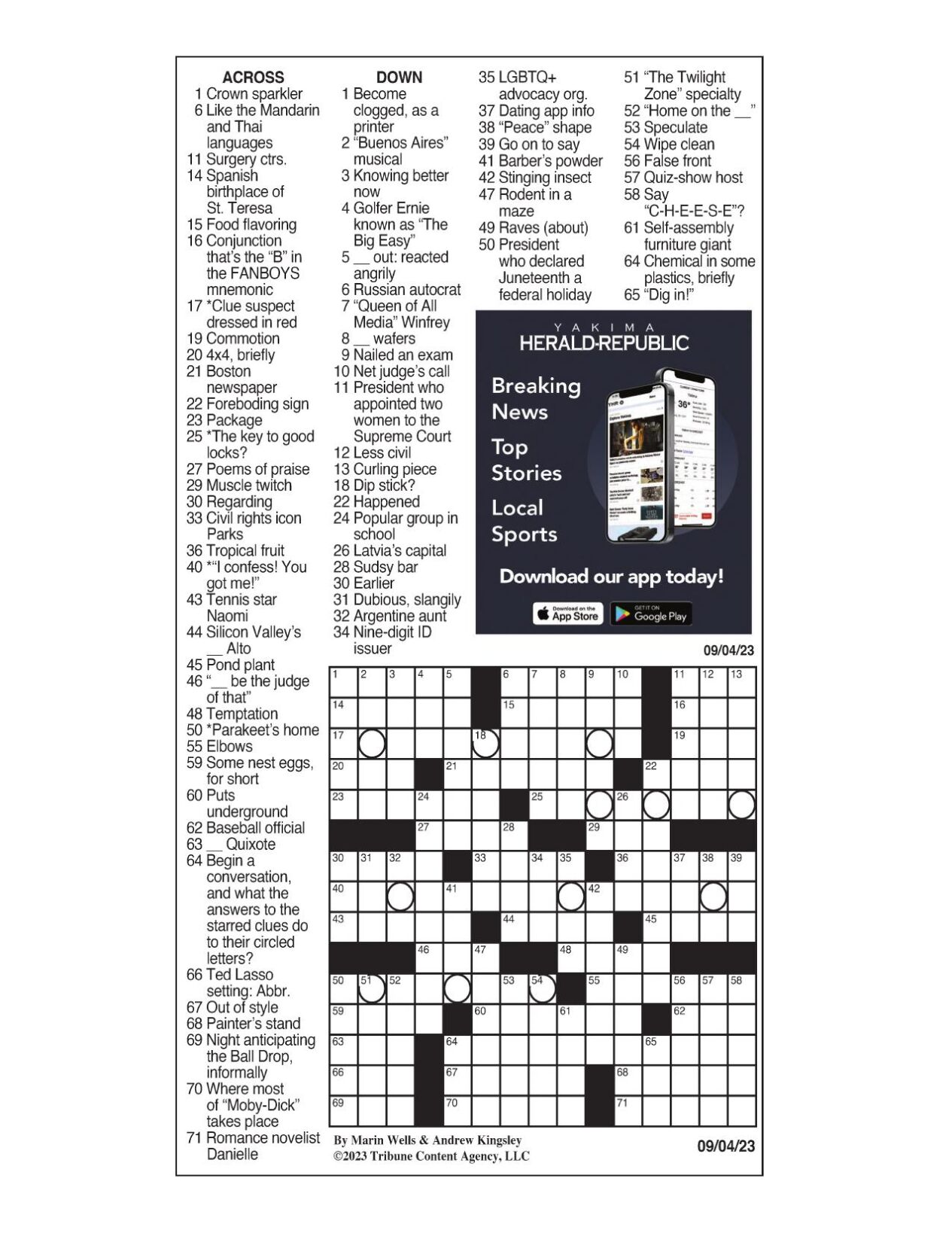 LA Times Crossword 4 Sep 23, Monday 