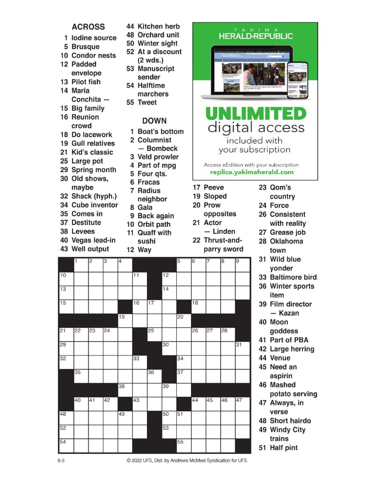 AM Crossword: Aug. 3, 2022 | Crosswords | yakimaherald.com
