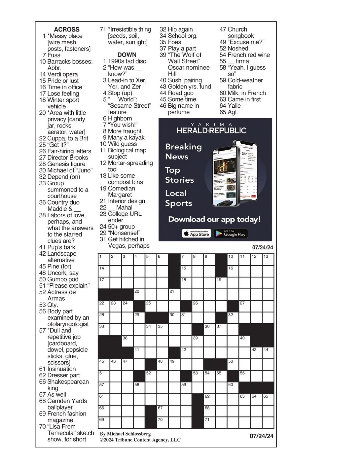 LA Times Crossword: July 24, 2024 | Crosswords | Yakimaherald.com