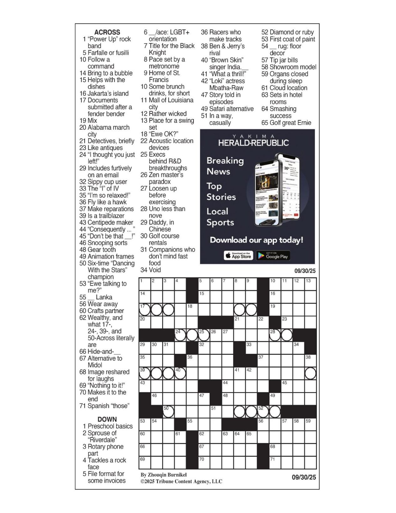 La times crossword: sept. 30, 2025 | crosswords | yakimaherald.com