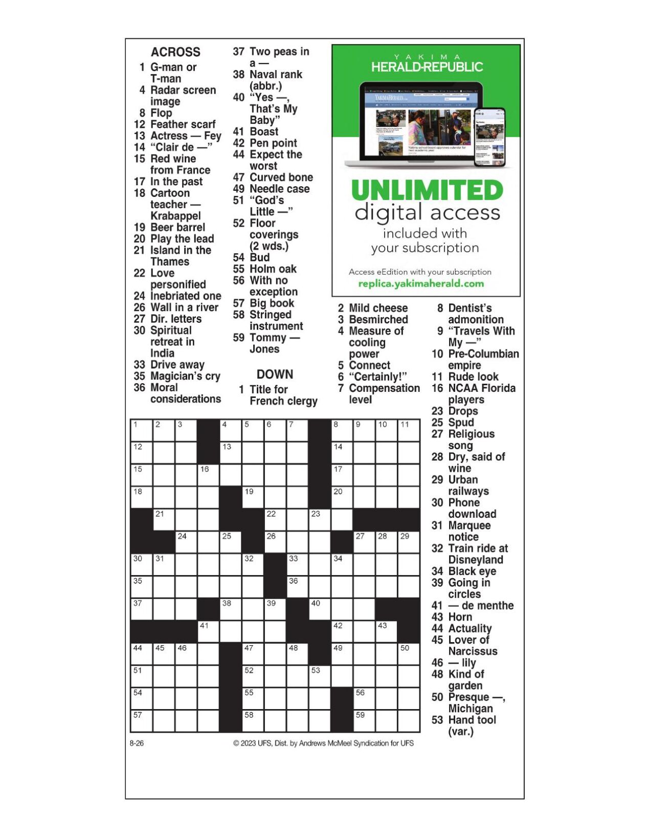 AM Crossword: Aug. 26, 2023 | Crosswords | yakimaherald.com