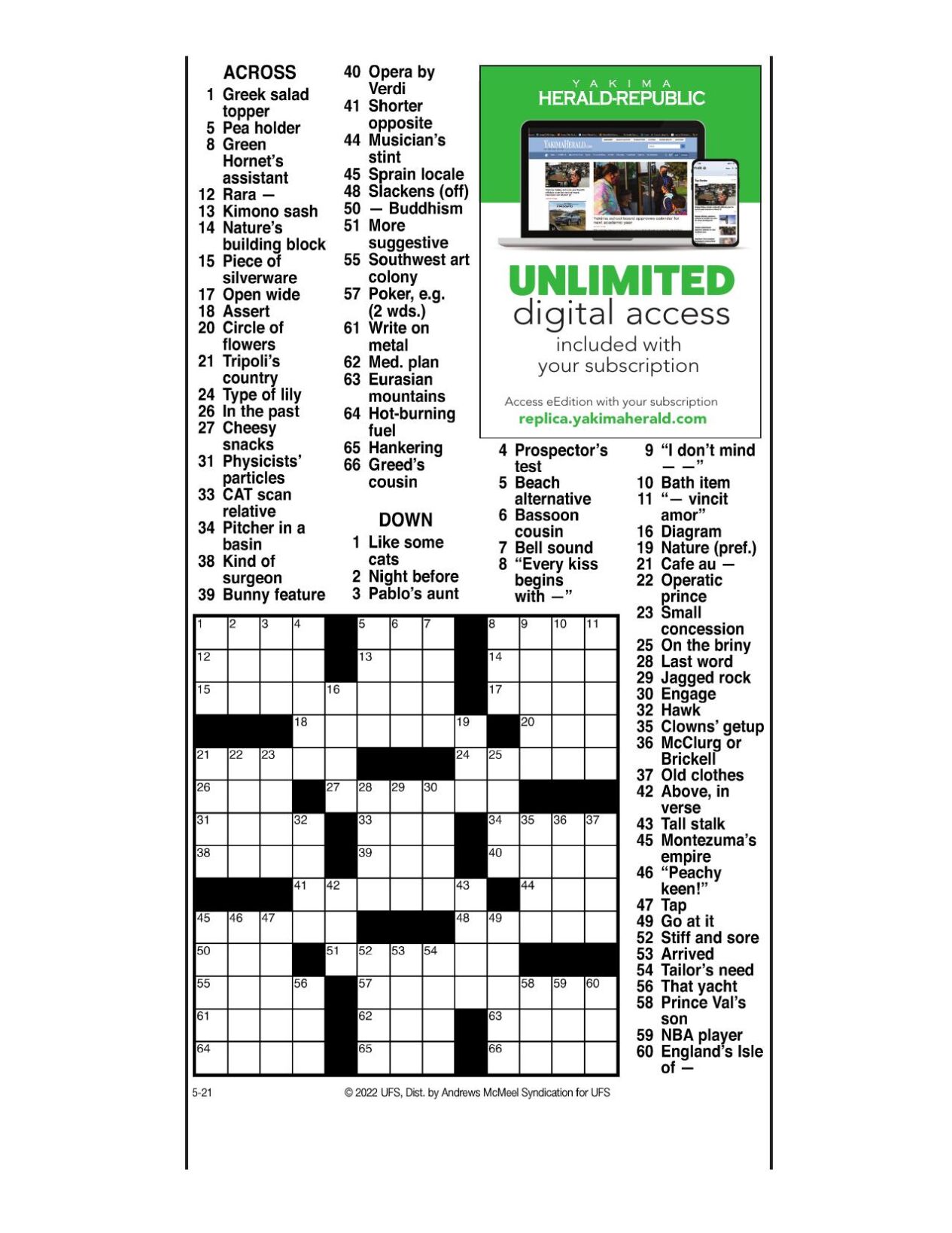 AM Crossword: May 21, 2022 | Crosswords | yakimaherald.com