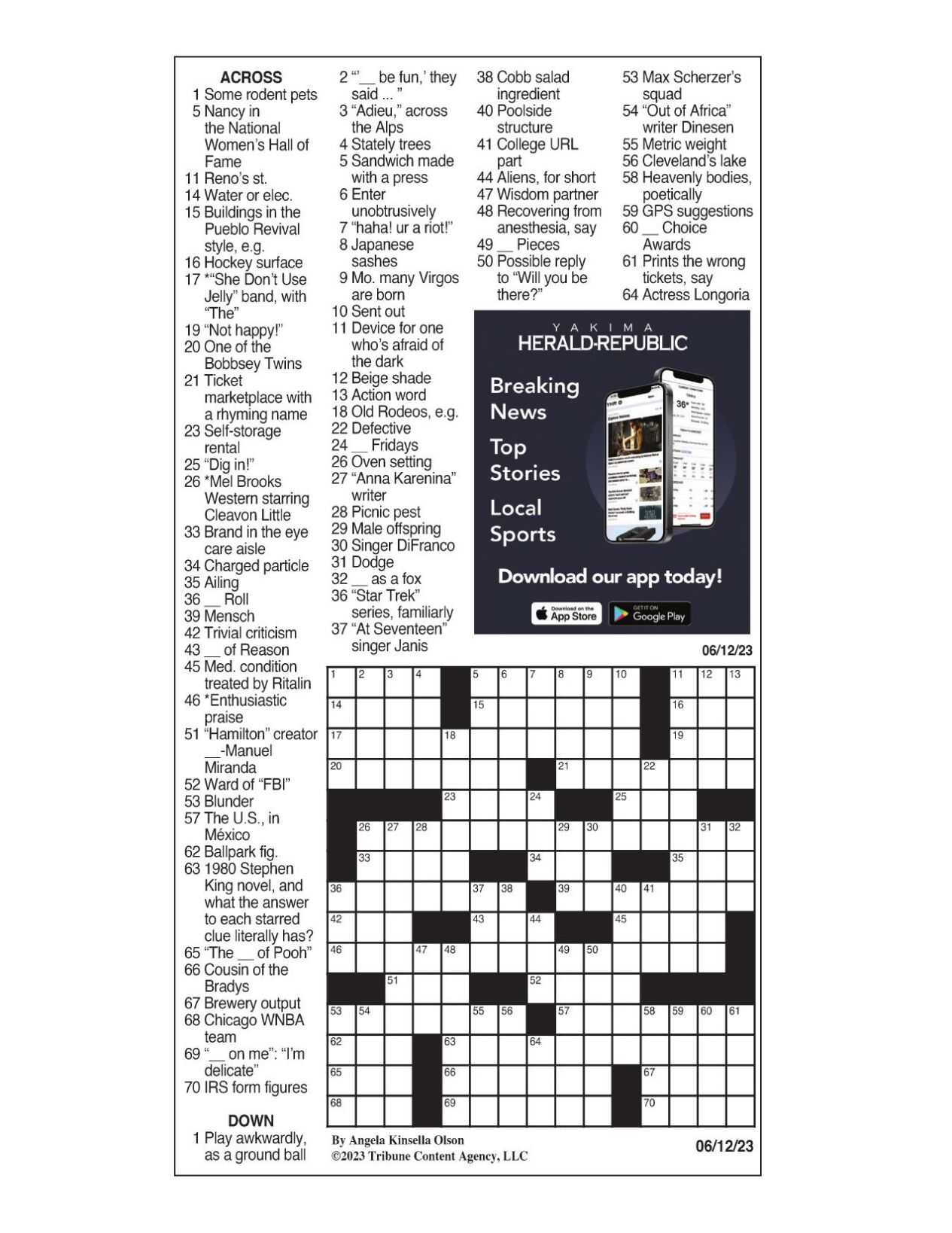 LA Times Crossword 12 Jun 23, Monday 