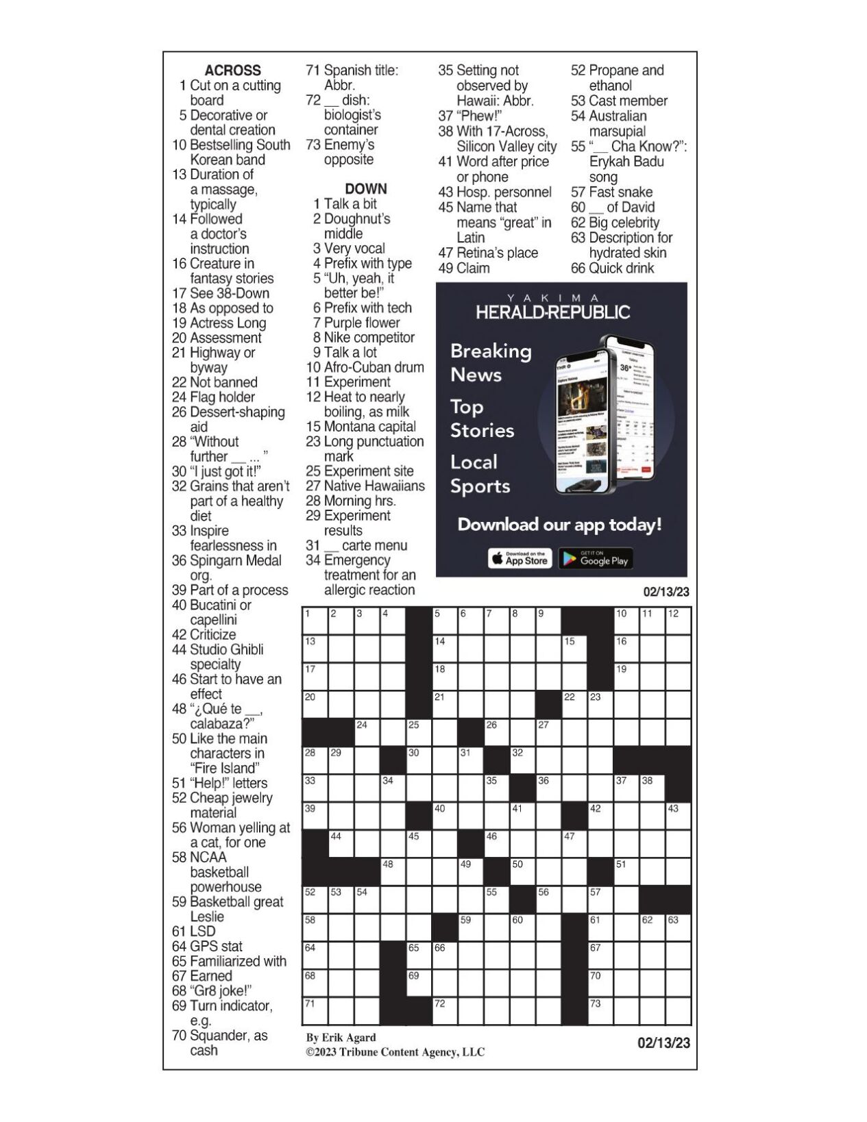 LA Times Crossword: Feb 13 2023 Crosswords yakimaherald com