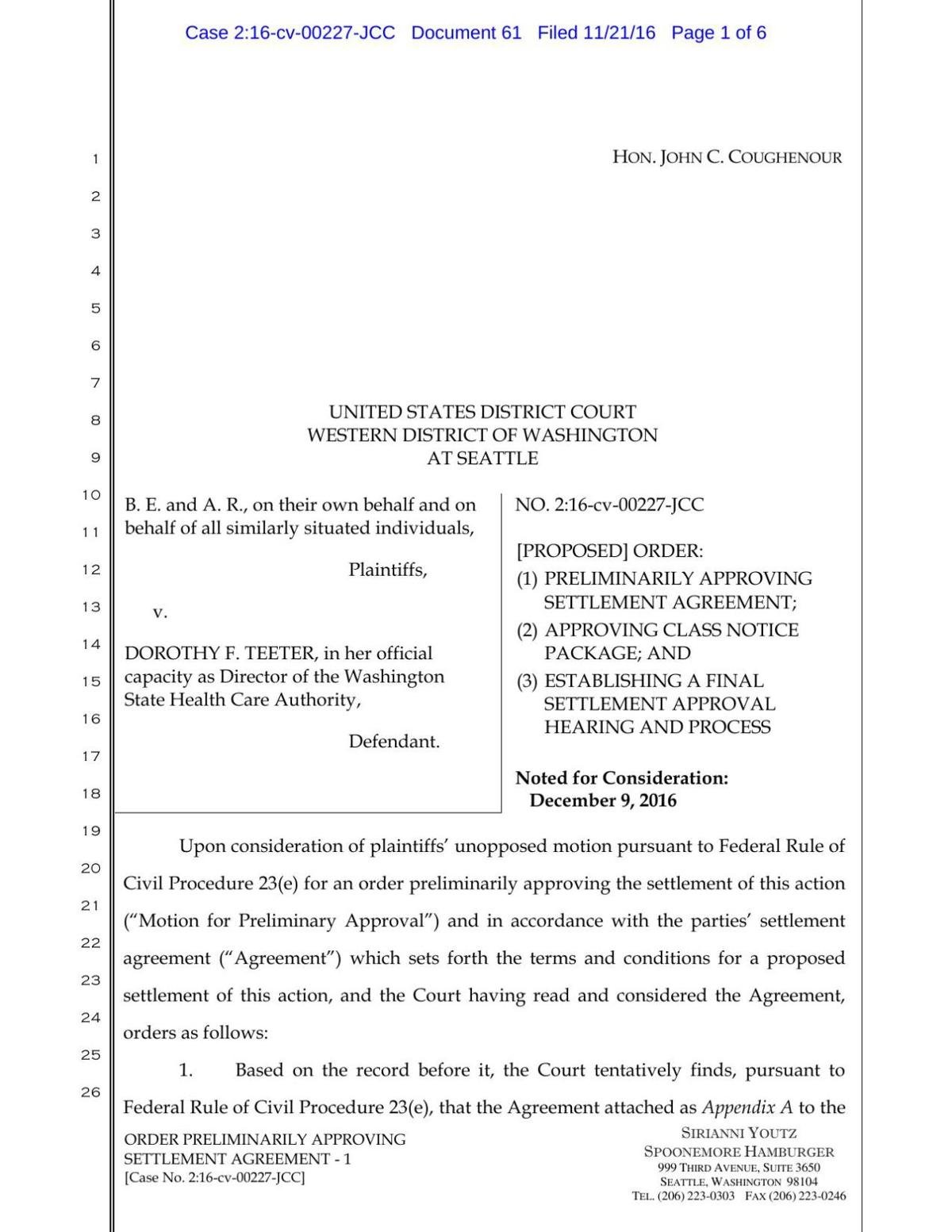 Proposed order for preliminary approval of settlement agreement
