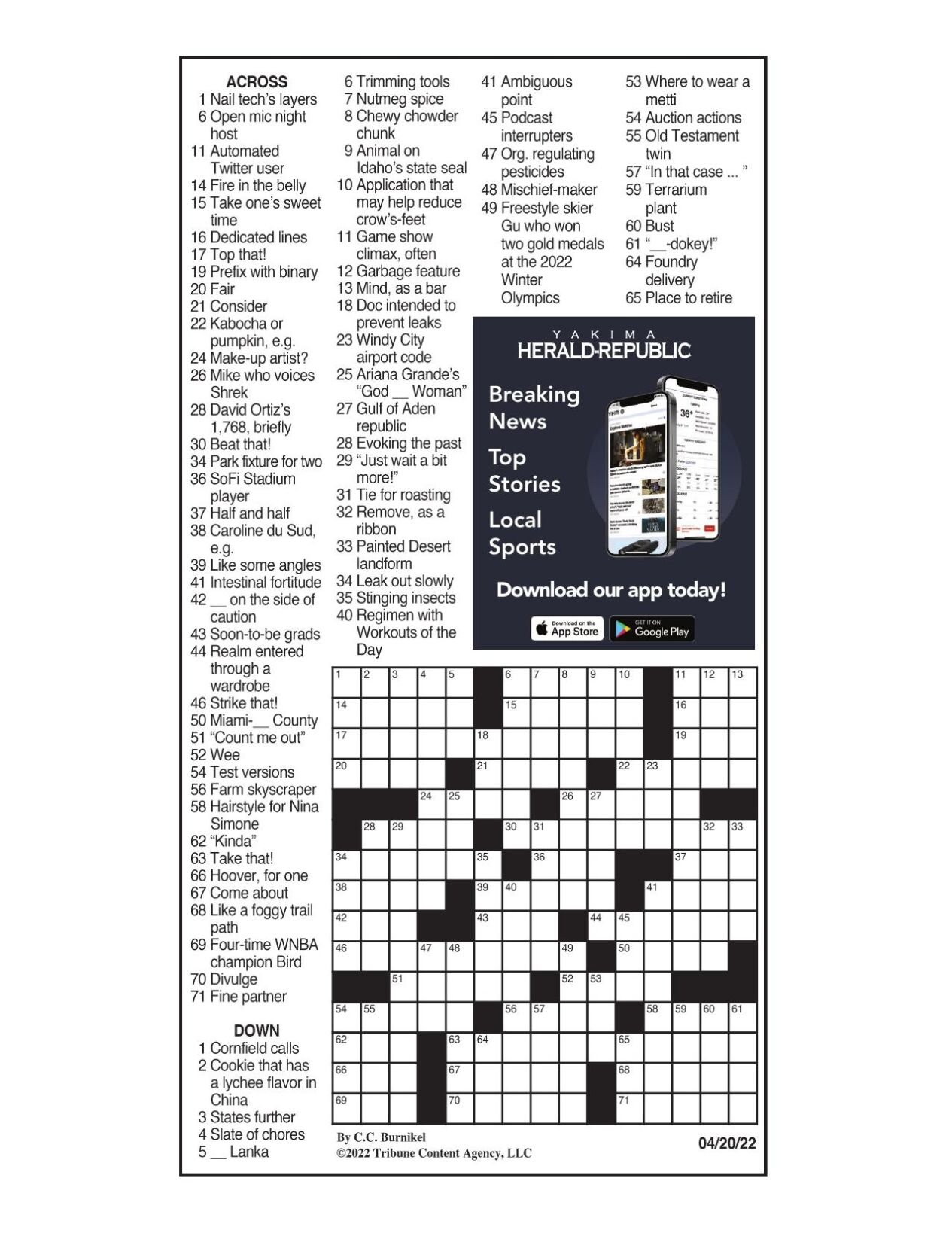LA Times Crossword 20 Apr 20, Monday 