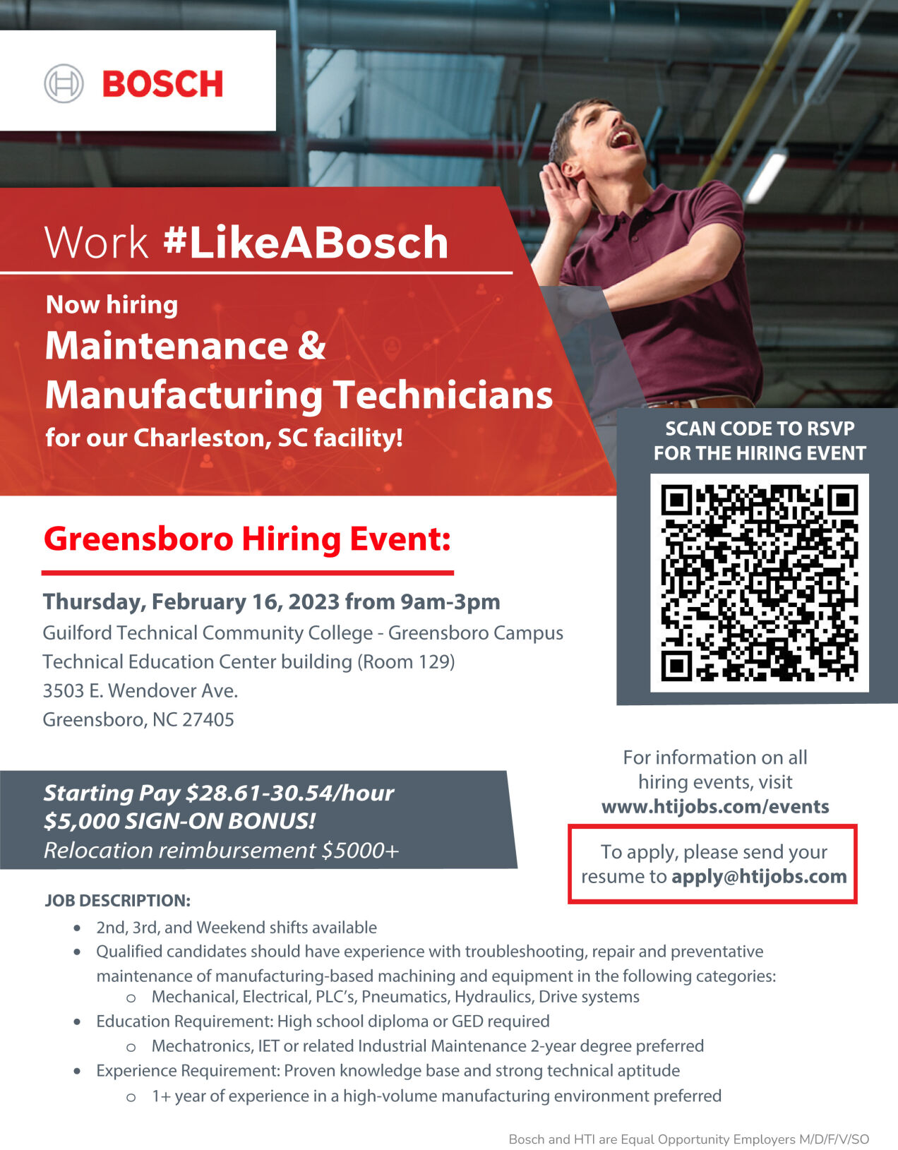 Robert Bosch LLC hiring event in Greensboro on February 16