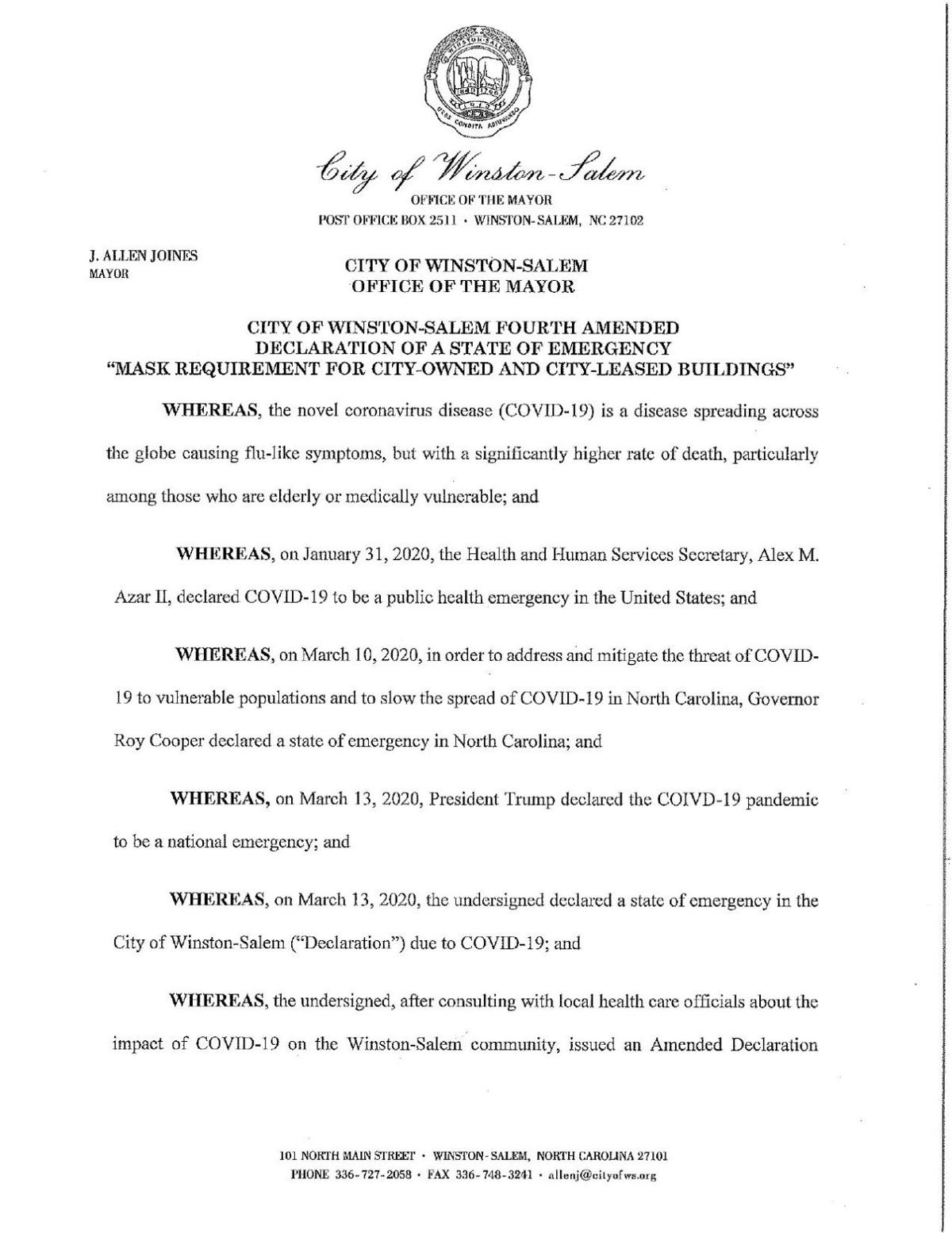 City Of Winston Salem Fourth Amended Declaration Of A State Of