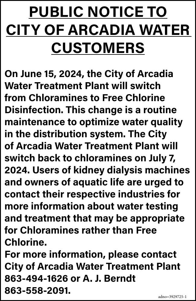 PUBLIC NOTICE TO CITY OF ARCADIA WATER | Other Notices | yoursun.com