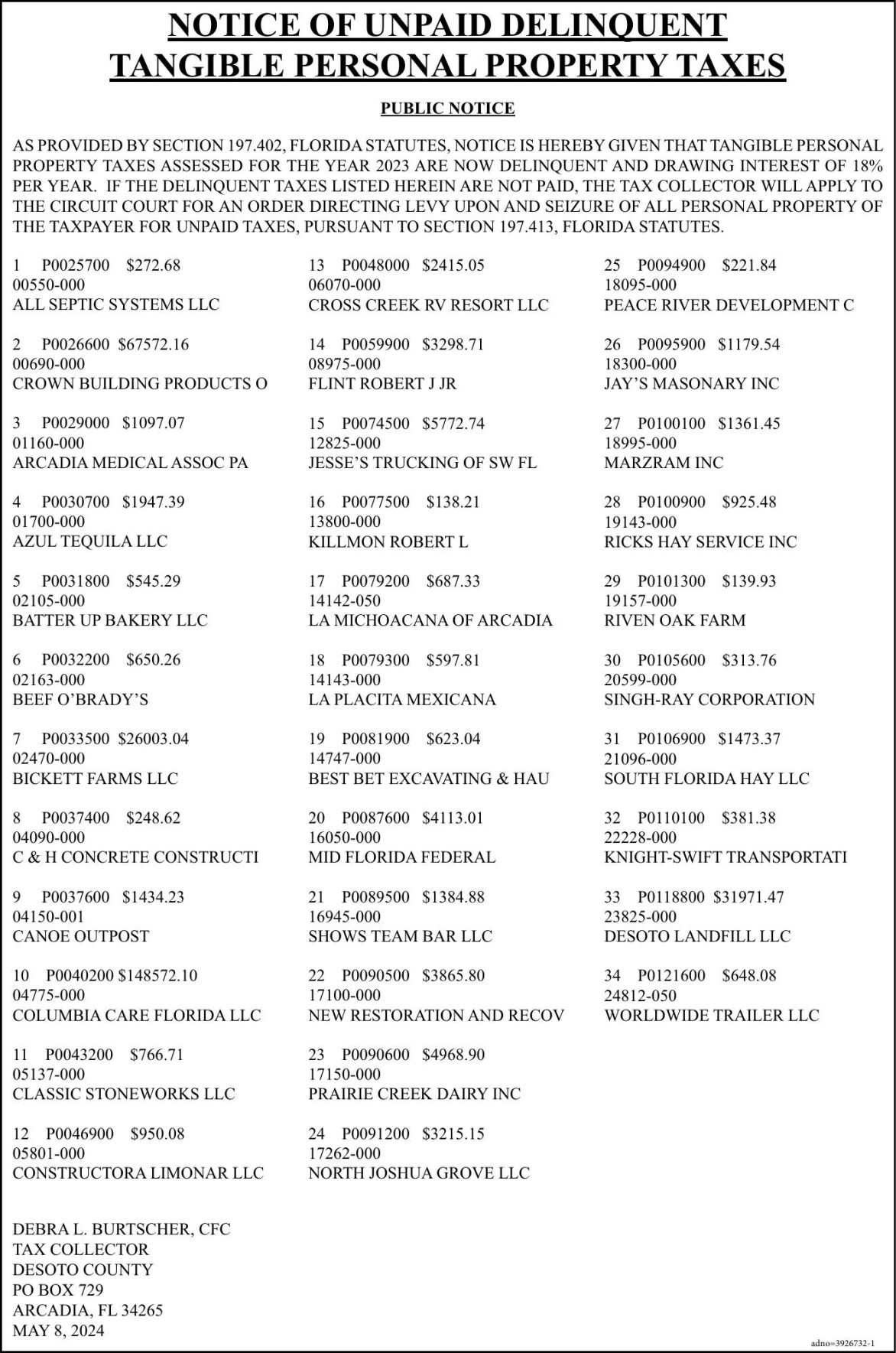 NOTICE OF UNPAID DELINQUENT TANGIBLE Other Notices