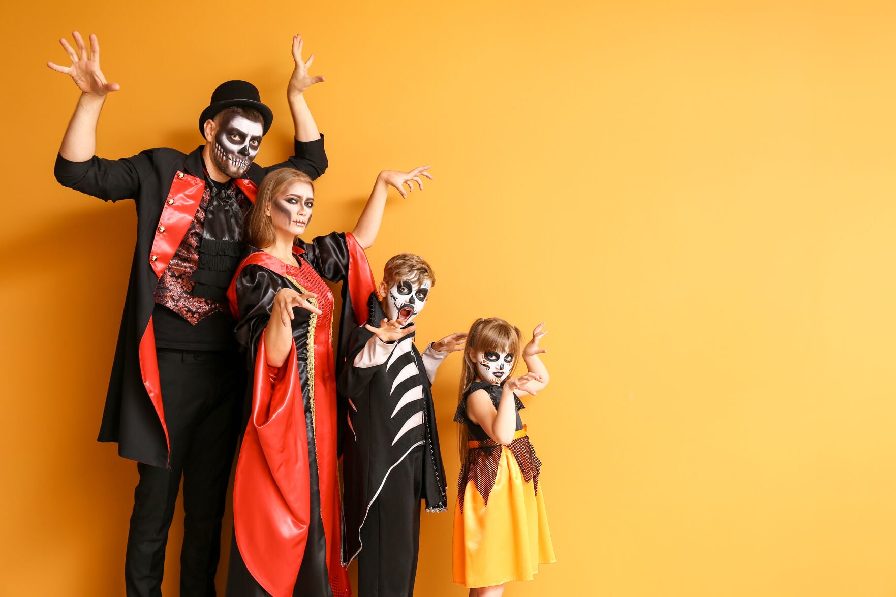 Colorfull Editorial Makeup Family in Halloween costumes on color background | | yoursun.com