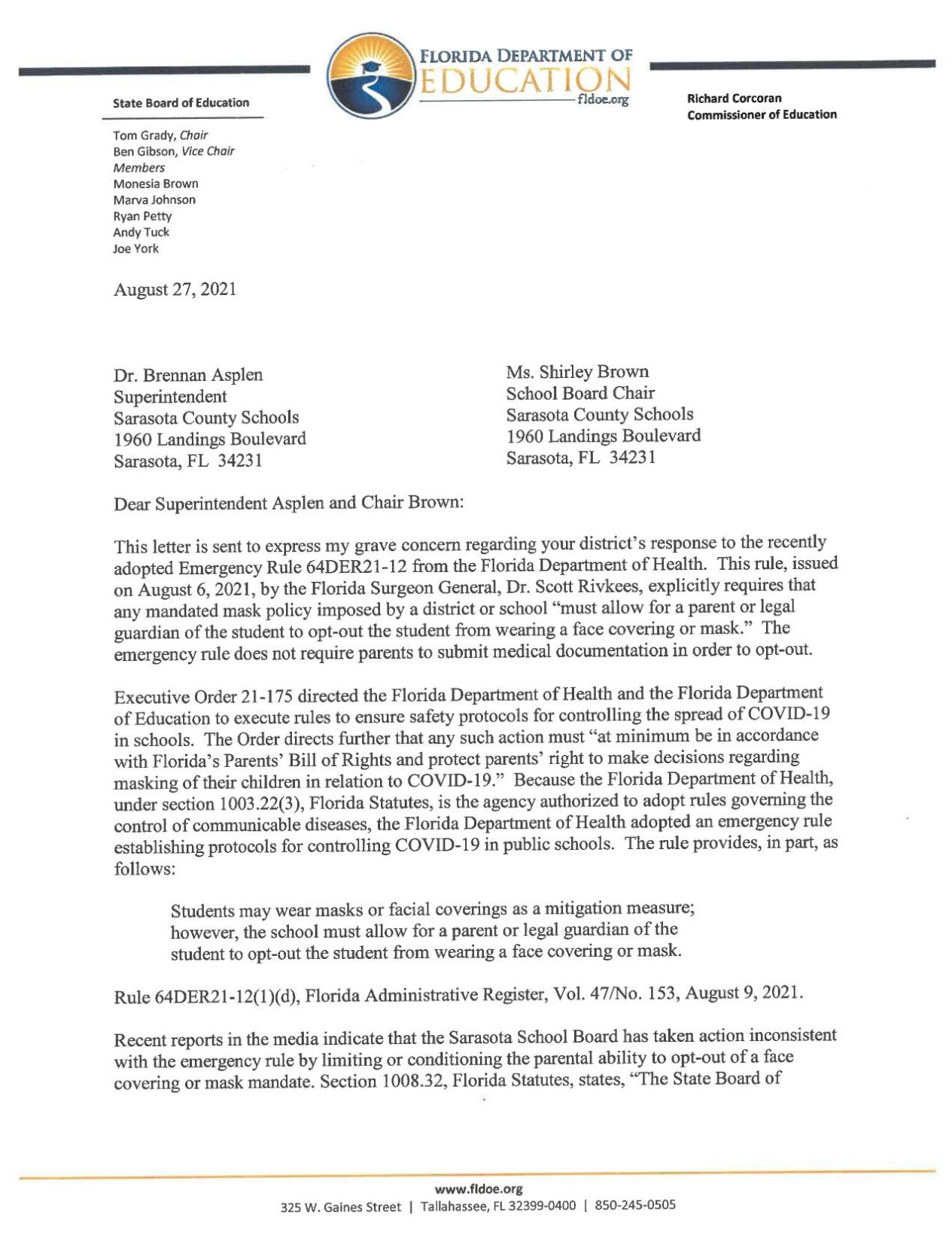 Richard Corcoran letter to Sarasota County | | yoursun.com