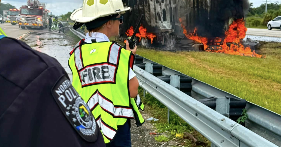 Truck crashes, catches fire, backs up I-75