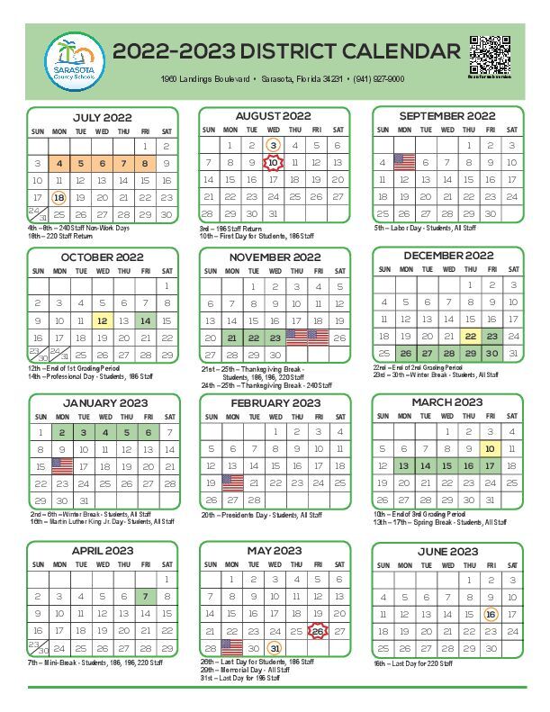 Revised Sarasota County Public Schools Calendar 2022-23 | | Yoursun.com