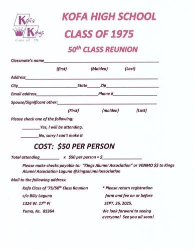 Kofa High School Class of 1975 quot Golden quot 50th Year Reunion Calendar