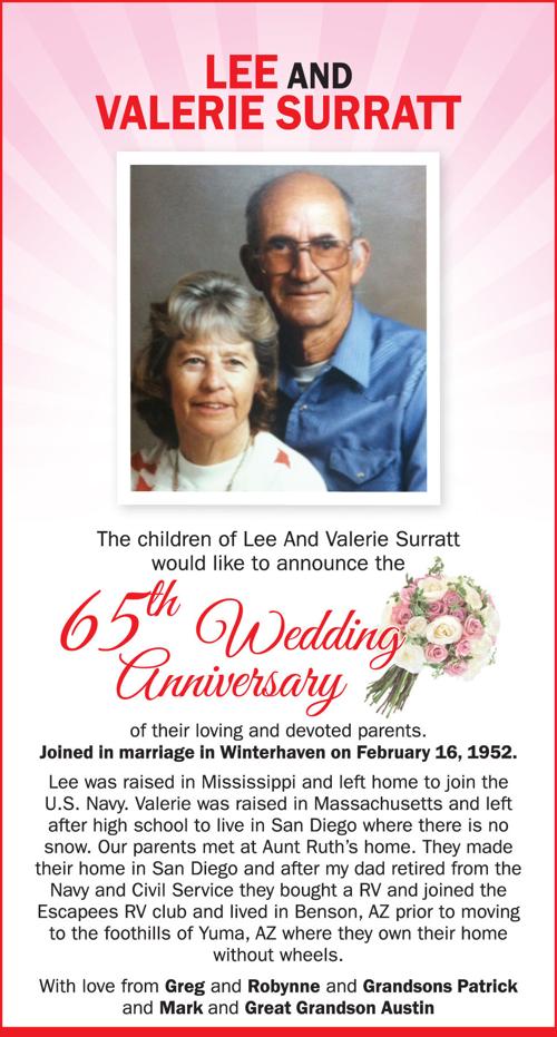 Celebration Lee And Valerie Surratt 65th Wedding Anniversary